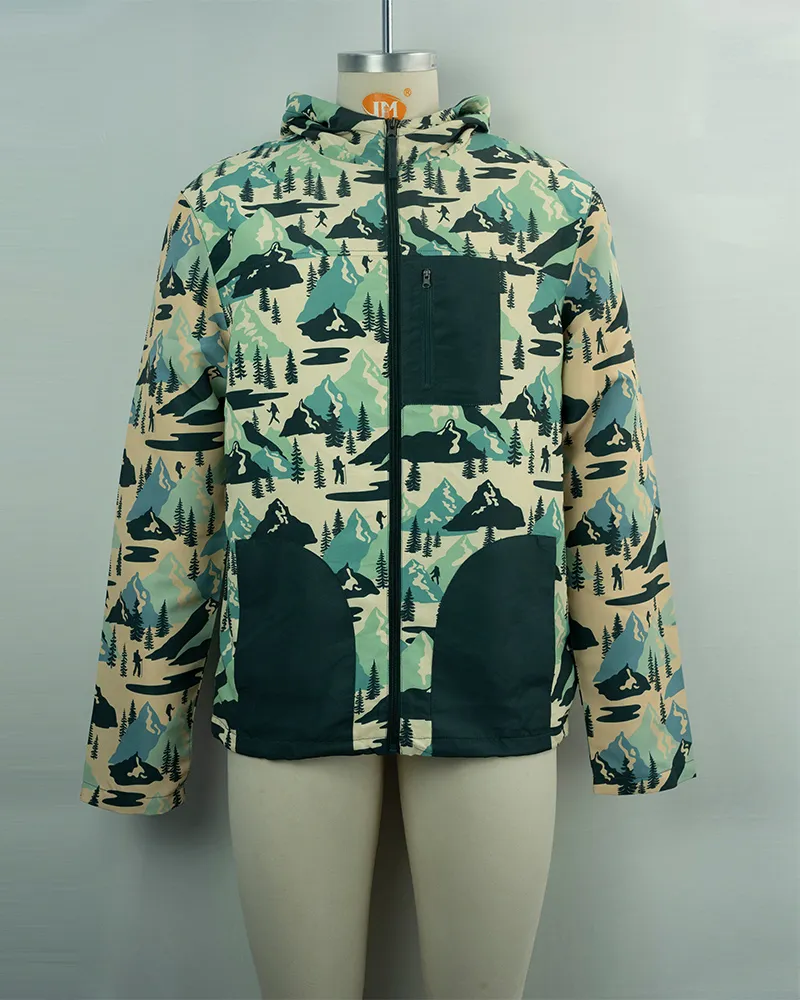 Mountain and Pine Pattern Hooded Jacket