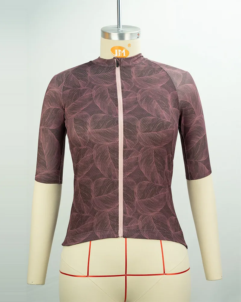 Ergonomic Burgundy Leaf Print Cycling Jersey-1