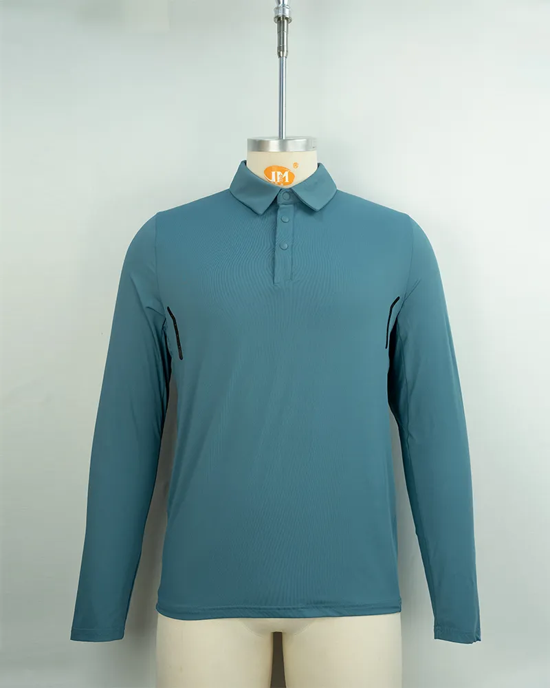 Men’s Breathable Teal Blue Long Sleeve Polo Shirt – Perfect for Casual and Business Wear-1