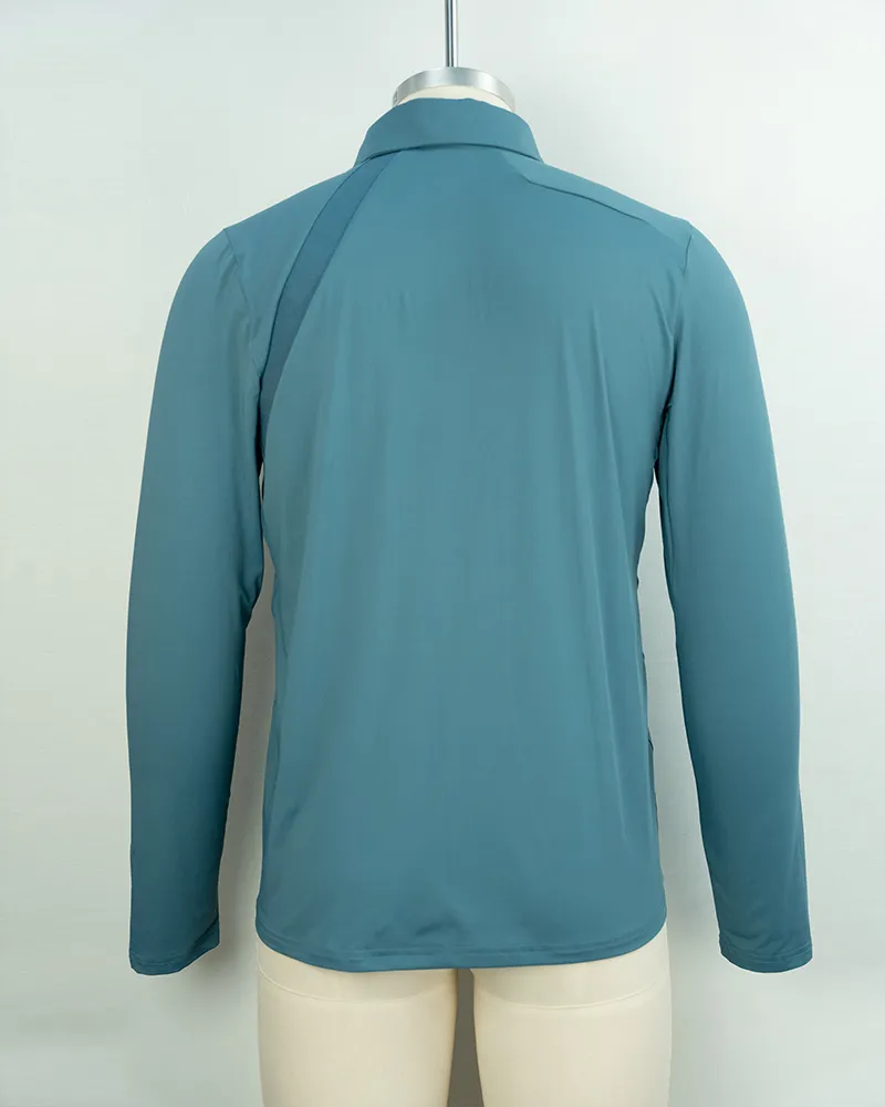 Men’s Breathable Teal Blue Long Sleeve Polo Shirt – Perfect for Casual and Business Wear-2