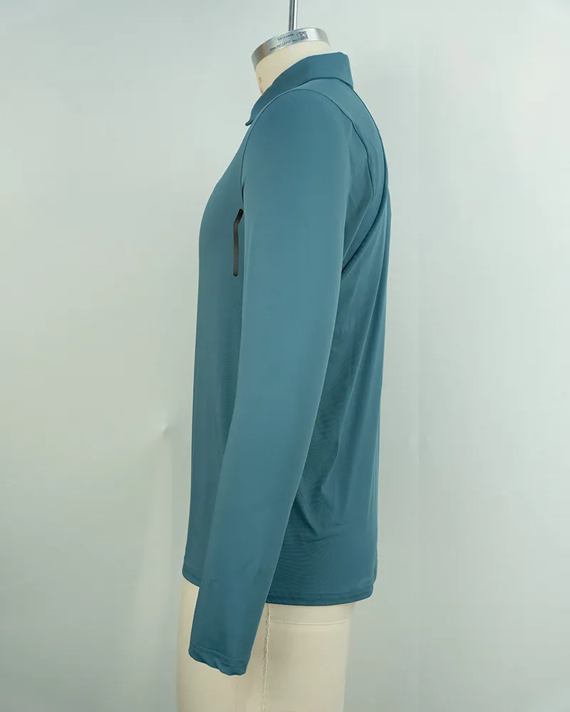 Men’s Breathable Teal Blue Long Sleeve Polo Shirt – Perfect for Casual and Business Wear-3