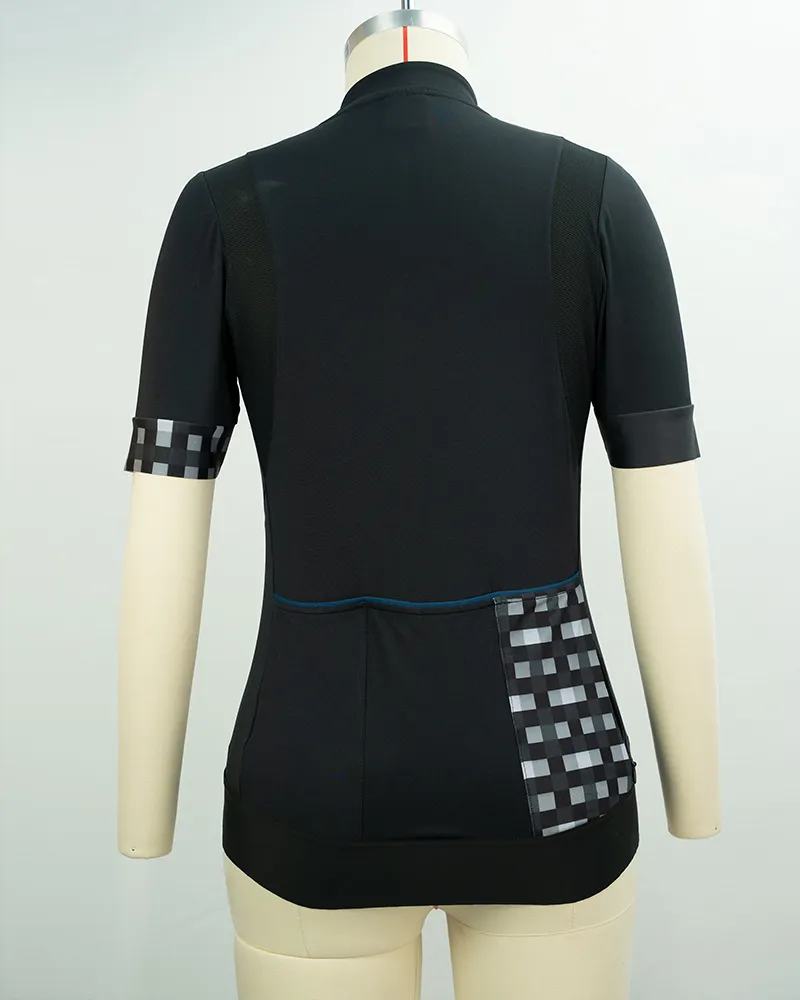 Women’s Black Ergonomic Cycling Jersey with Checkered Accents-2