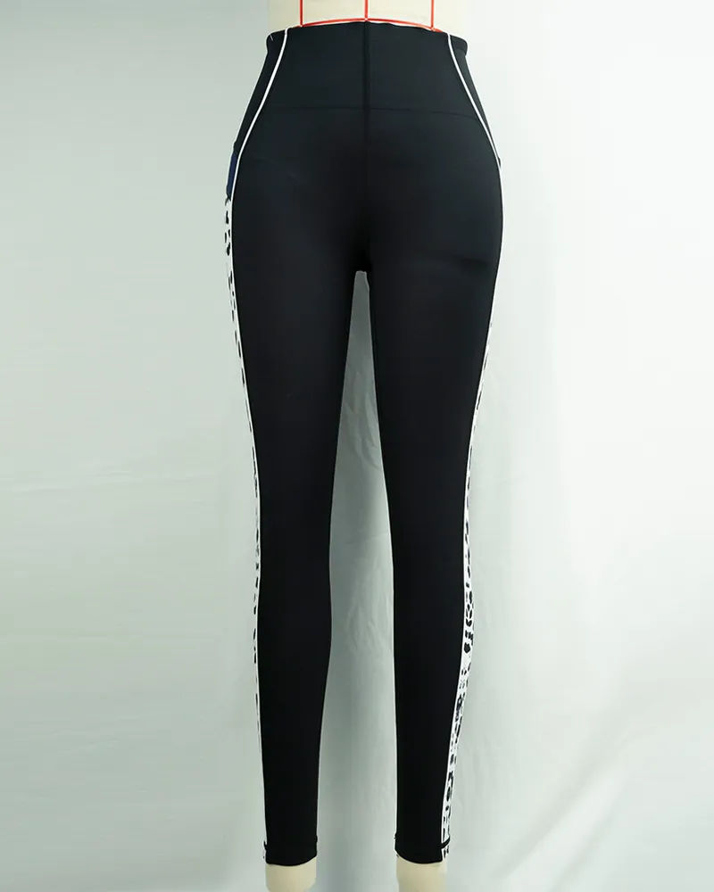 Women`s Black High Waist Yoga Pants with Leopard Print Panels-1