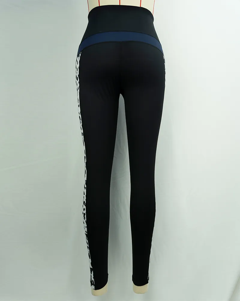 Women`s Black High Waist Yoga Pants with Leopard Print Panels-2