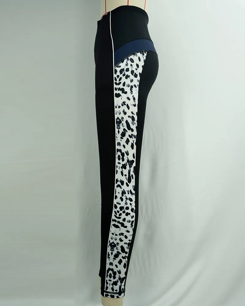 Women`s Black High Waist Yoga Pants with Leopard Print Panels-3