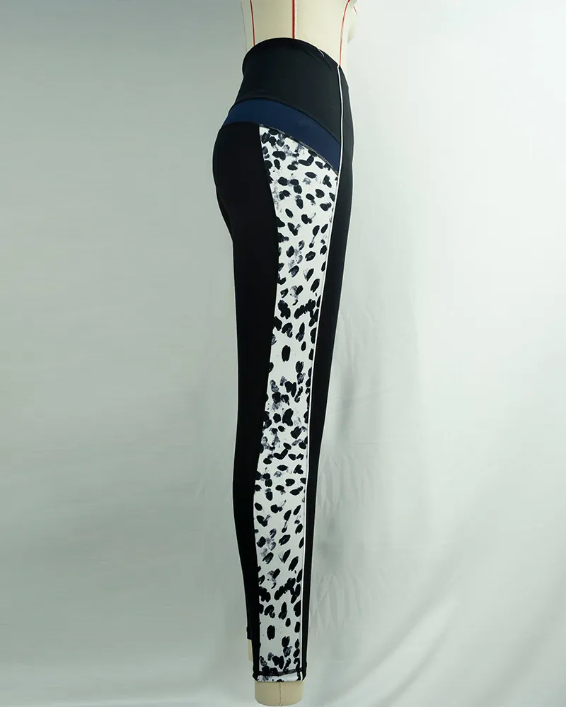 Women`s Black High Waist Yoga Pants with Leopard Print Panels-4