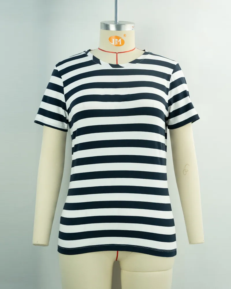 Women’s Black and White Striped Short Sleeve T-shirt-1
