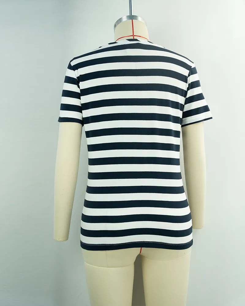 Women’s Black and White Striped Short Sleeve T-shirt-2