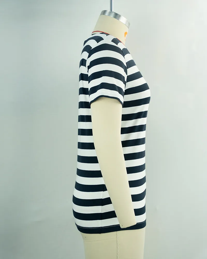 Women’s Black and White Striped Short Sleeve T-shirt-4