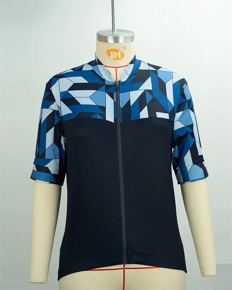 Women’s Blue and Black Geometric Cycling Jersey-1