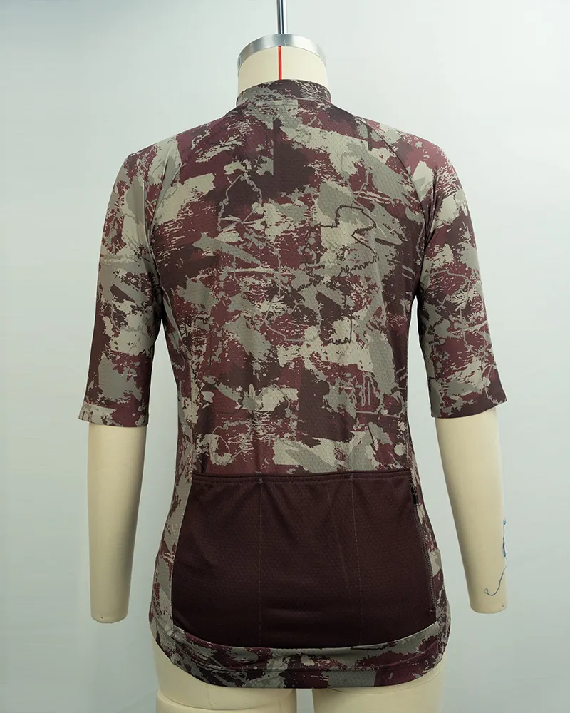 Women’s Burgundy Abstract Print Cycling Jersey with Pockets-2