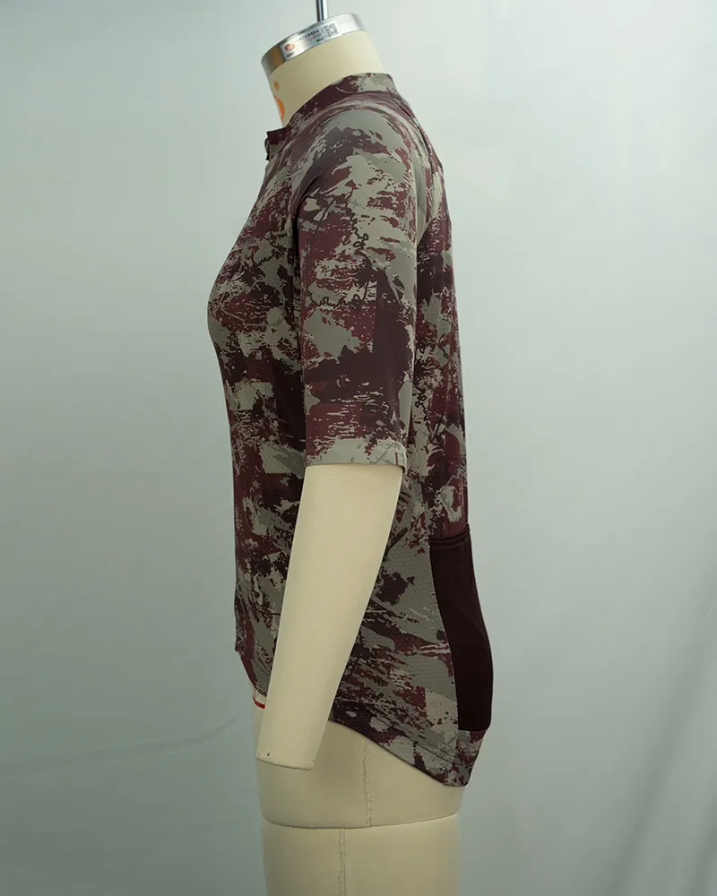 Women’s Burgundy Abstract Print Cycling Jersey with Pockets-3