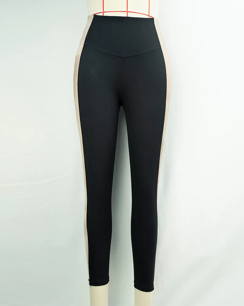 Women`s High Waist Black Leggings with Beige and White Panel Design-1