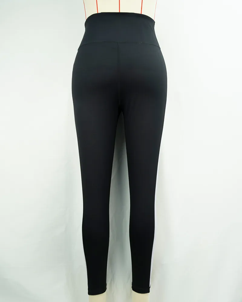 Women`s High Waist Black Leggings with Beige and White Panel Design-2