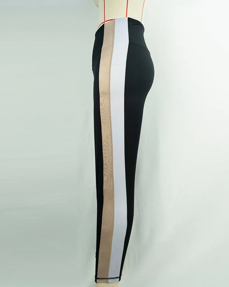Women`s High Waist Black Leggings with Beige and White Panel Design-3