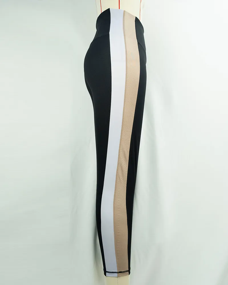 Women`s High Waist Black Leggings with Beige and White Panel Design-4